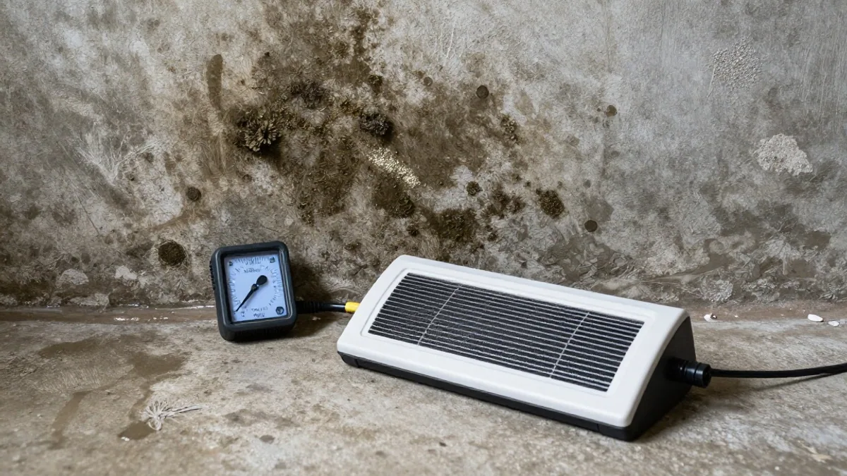 Dark mold growth on a damp basement wall during mold removal Oakland assessment